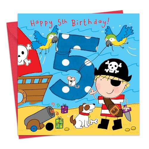 Twizler Geburtstagskarte zum 5. Geburtstag, für Jungen, Motiv mit Piraten, Hunden und Glitzer, Kinder-Geburtstag, Alter: 5 von Twizler