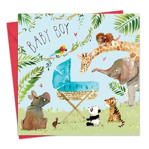 Twizler Glückwunschkarte für Neugeborene mit blauem Kinderbett und Dschungeltieren – Karte für Jungen – Neugeborene Essentials – Glückwunschkarte – niedliche Karte – Geschenk für Neugeborene von Twizler