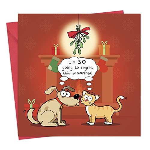 Twizler Weihnachtskarte mit Katze, Hund und Mistelzweig – Happy Christmas Card – Weihnachtskarte – Lustige Weihnachtskarten – Damen Weihnachtskarte – Herren von Twizler