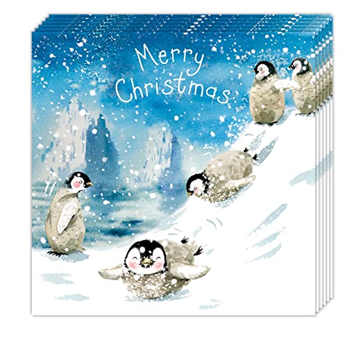 Twizler Weihnachtskarten, 10 Stück, niedliche spielende Pinguine, niedliche Weihnachtskarten, Multipack, 10 Stück Weihnachtskarten, Happy Christmas Karten, 10 Stück, 15.5 cm x 15.5 cm von Twizler