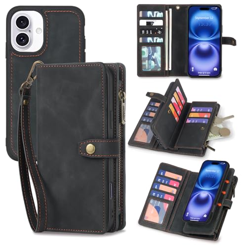 TwoHead Schutzhülle für iPhone 16, abnehmbare magnetische Handyhülle, PU-Leder, Rundumschutzhülle mit Kartenhalter/Kleingeldfach, 15,5 cm (6,1 Zoll), Schwarz von TwoHead