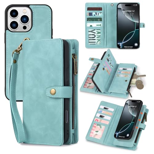 TwoHead Schutzhülle für iPhone 16 Pro Max, abnehmbare magnetische Handyhülle, PU-Leder, Rundumschutzhülle mit Kartenhalter/Kleingeldfach, 17,5 cm (6,9 Zoll), Blau von TwoHead