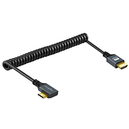 Twozoh Links abgewinkeltes Mini HDMI auf HDMI Kabel, 90° Mini HDMI auf HDMI Spiralkabel, unterstützt 3D/4K, 1080p gedehnte Länge bis 1,5M von Twozoh
