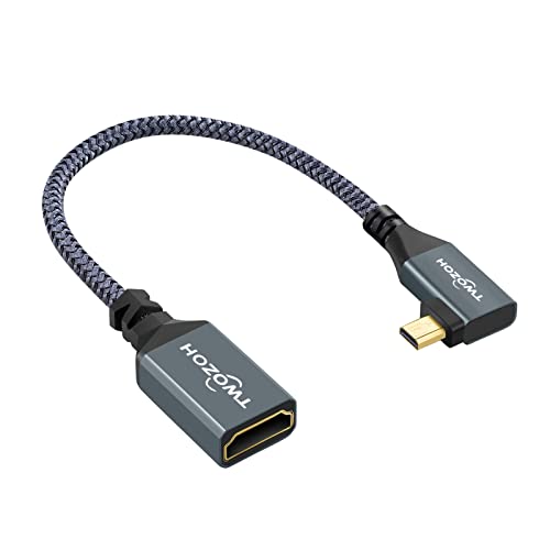 Twozoh Linkswinkliges MicroHDMI auf HDMI Adapterkabel, geflochtenes Nylon, 90° Micro HDMI Stecker auf HDMI Buchse, Kabel (Typ D auf Typ A), unterstützt 4K/60Hz, 1080p (20CM) von Twozoh