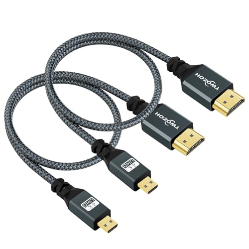 Twozoh Micro HDMI Kabel auf HDMI 0,3M 2 Stück, Nylon Geflochten HDMI Kabel A auf Micro HDMI D Unterstützt 3D 4K/60Hz 2.0 1080p für GoPro Hero7/8/9 Raspberry Pi 4 von Twozoh
