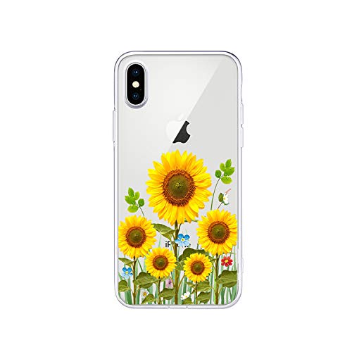 Tybaker Hülle für iPhone XS/X Case Transparent mit Blumen Muster Ultra Dünn Handyhülle Weiche Silikon Bumper Cover Kratzfest Schutzhülle für iPhone XS/X, 5 Sonnenblumen von Tybaker