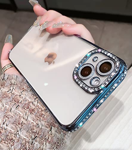 Tybiky Glitzer Hülle Kompatibel mit iPhone 13, Diamant Glitzer Schutzhülle für Mädchen, Transparent stoßfest Bumper Handyhülle für iPhone 13, Far Peak Blau von Tybiky