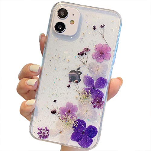 Tybiky Handyhülle iPhone 12 Mini hülle Echte Blumen weiche Silikonhülle mit handgefertigten getrockneten Blumen, Transparente Ultra-dünne unsterbliche für iPhone 12 Mini, Vierblättriger Lila von Tybiky