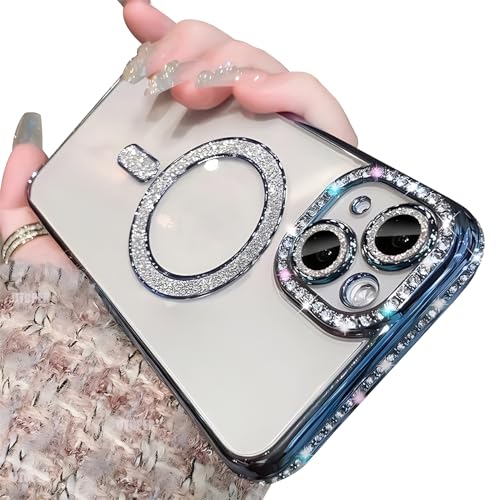 Tybiky Kompatibel mit iPhone 12 Pro Max Handyhülle, Diamant Glitter Pailletten Mag-Safe Magnetische Transparent Schutzhülle, Weiche TPU Dünn Stoßfest Abdeckung Glänzend Strass Case, Far Peak Blau von Tybiky