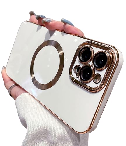 Tybiky Kompatibel mit iPhone 14 Plus Handyhülle [Mag-Safe] Magnetische Metallplatte Hülle [Anti Kratzen] Objektiv Schutzfolie Schutzhülle Weiche Silikon TPU Case Cover für iPhone 14 Plus,Weiß von Tybiky