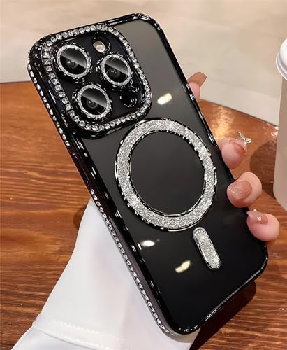 Tybiky Kompatibel mit iPhone 15 Pro Max Handyhülle, Diamant Glitter Pailletten Mag-Safe Magnetische Transparent Schutzhülle, Weiche TPU Dünn Stoßfest Abdeckung Glänzend Strass Case, Schwarz von Tybiky
