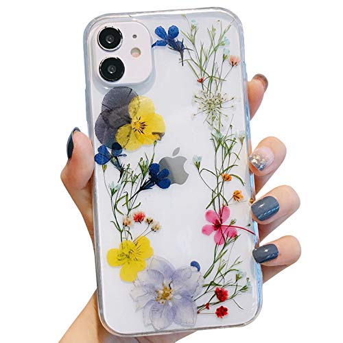 Tybiky iPhone 11 Hülle Trockenblumen Hülle Hergestellt aus echten Blumen Schlankes Schutzdesign, stoßfester TPU Rahmen, unsterbliche Blumen Case Hüllen für iPhone 11, Gelb lila Pulver Gras von Tybiky