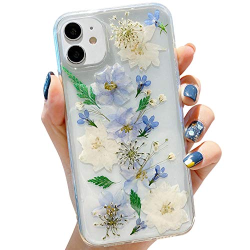 Tybiky iPhone 11 Hülle Trockenblumen Hülle Hergestellt aus echten Blumen Schlankes Schutzdesign, stoßfester TPU Rahmen, unsterbliche Blumen Case Hüllen für iPhone 11, Lila Weiß Blume Narzissen von Tybiky