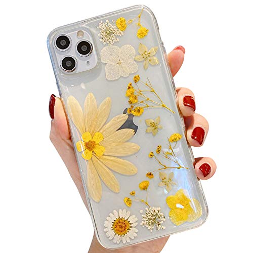 Tybiky iPhone 11 Pro Hülle, Real Flower HandyHülle klare TPU Schutzhülle Shock Absorbent Real Compressed Dried Flowers Handy Hüllen Case Cover für iPhone 11 Pro, Halbe Gelbe Blume von Tybiky