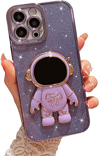 Tybiky iPhone 12 Karikatur hülle mit Ständer Slim Astronaut Glitzer Bling Sparkle Handyhülle Silikon TPU Hülle für iPhone 12 für Magnetische Autohalterung Metallrahmen Case Cover für iPhone 12.Lila von Tybiky