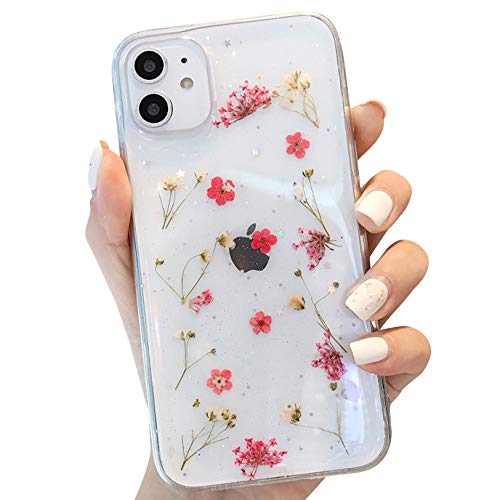 Tybiky iPhone 12 Pro Hülle Echte Blumen Transparent HandyHülle Getrocknete Blume Schutzhülle Kristall Cover Handgefertigten Ewiges Blumenart Case für iPhone 12 Pro/12, zerkleinerte Blume Rosa von Tybiky