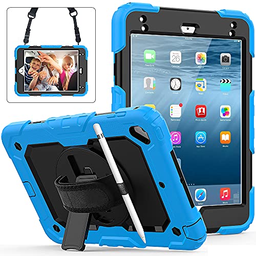 iPad Mini 5/4 Schutzhülle mit Bleistifthalter [360° drehbarer Handschlaufe] und Ständer, fallsichere Hülle für iPad Mini 5a/4. Generation 7,9 Zoll Hellblau von Tycolit