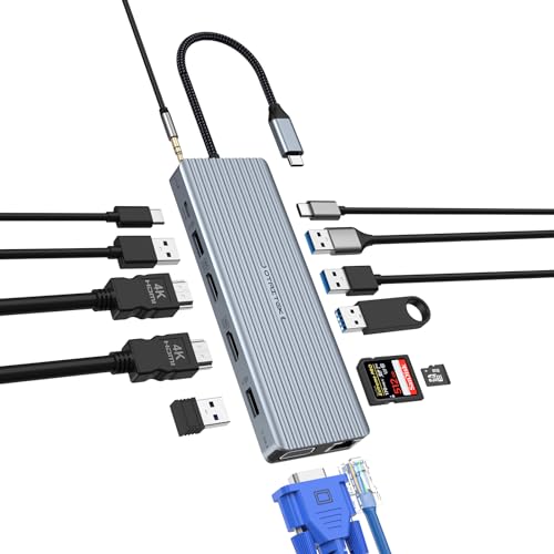 14-in-1 USB-C-Dockingstation, USB-C-Hub mit 2 x HDMI, VGA, 6 x USB-Ports, Gigabit-LAN, SD/TF-Leser, Audio für Mac Air/Pro und mehr Typ-C-Geräte von Tymyp