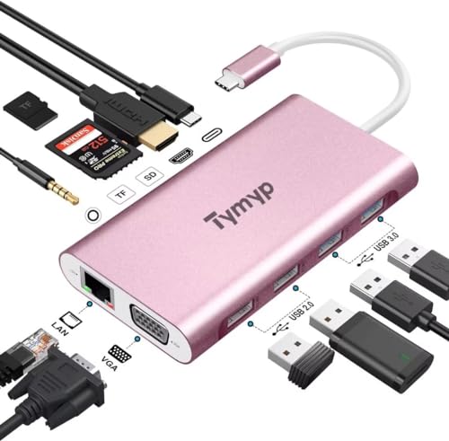 Tymyp USB C Hub, 11 in 1 Multiport Adapter USB C with 4k Hdmi, Ethernet, 100w Pd, Vga, 3.5MM Audio, 4 USB A, USB C Adapter für MacBook Pro/Air, and More Type C Devices von Tymyp