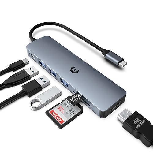 Tymyp USB-C-Hub, 7-in-1-Port-Laptop-Hub-Adapter mit HDMI, 100 W Stromversorgung, 3 x USB 3.0, SD- und Micro-SD-Kartenleser, kompatibel für USB-C-Laptops Dell XPS/HP/Surface und andere Typ-C-Geräte von Tymyp