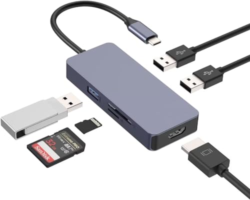 Tymyp USB C Hub, Multiport Adapter, 6 in 1 USB Verteiler kompatibel mit Air/Pro/iPad/Surface/Anderen Type-C Geräten, 4K HDMI, USB 3.0, 2* USB 2.0, SD/TF 2.0 von Tymyp