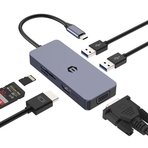 Tymyp USB C Hub 4K HDMI, 6 in 1 Dual Monitor USB C Adapter mit 4K HDMI, VGA, USB 3.0,2, SD/TF kompatibel für Surface Pro/Go, Pad Pro/Air, Laptop und mehr Typ C Geräte von Tymyp