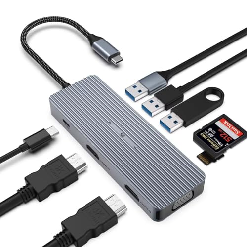 Tymyp USB-C Hub Docking Station Triple Display 4K HDMI for Chromebook, 9 in 1 USB C Hub (2 HDMI, VGA, USB 3.0, USB 2.0 * 2, PD100W, SD/TF) Compatible with Thunderbolt 3/ Windows von Tymyp