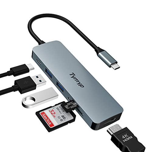 USB C Hub, Tymyp 6 in 1 USB C Adapter mit 4K HDMI Ausgang, PD 100W, 2* USB 3.0 Anschluss, SD/TF Kartenleser, USB C Docking Kompatibel mit Laptop/MacBook Pro/Air/Pad Pro/Adapter Surface Pro 8 von Tymyp