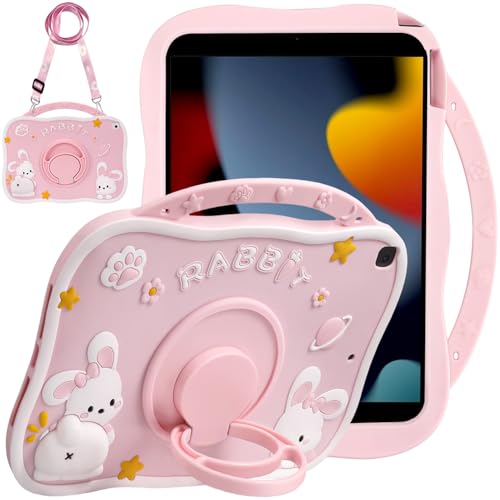 Schutzhülle für iPad 9. / 8. / 7. Generation 25,9 cm (10,2 Zoll) 2019/2020/2021, stoßfest, Silikon, weich, mit Schultergurt und Ständer, Rosa Hase von TzoMartico