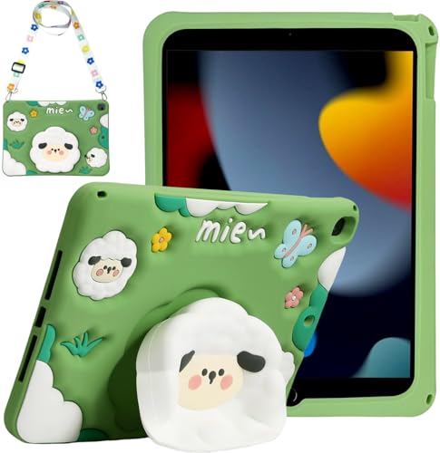 Schutzhülle für iPad 9. / 8. / 7. Generation 25,9 cm (10,2 Zoll) 2019/2020/2021, stoßfest, Silikon, weich, mit Schultergurt und Ständer, grünes Lamm von TzoMartico