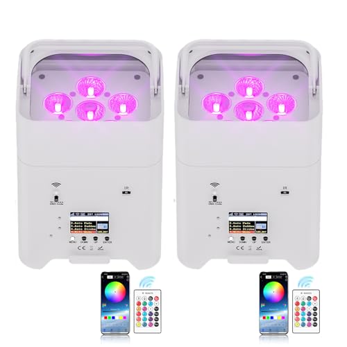 UKing 2er Weiß-108W APP akku led par Scheinwerfer strahler wiederaufladbarer, RGBWA+UV disco licht Bühnenlicht mit mit Fernbedienung, unterstützt 2,4 GHz/DMX-Steuerung für DJ Party Hochzeiten von U`King