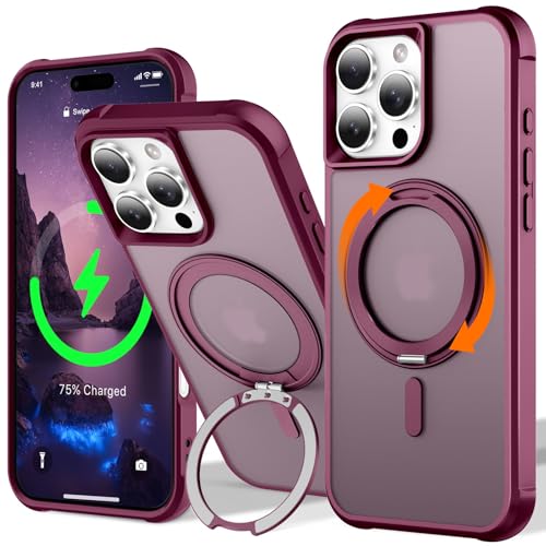 UMIONE 360° drehbares Magnetring-Design für iPhone 16 Pro, integrierter unsichtbarer Schlaufenständer, kompatibel mit Magsafe, durchscheinende, ultradünne stoßfeste Hülle in Militärqualität, Weinrot von U UMIONE