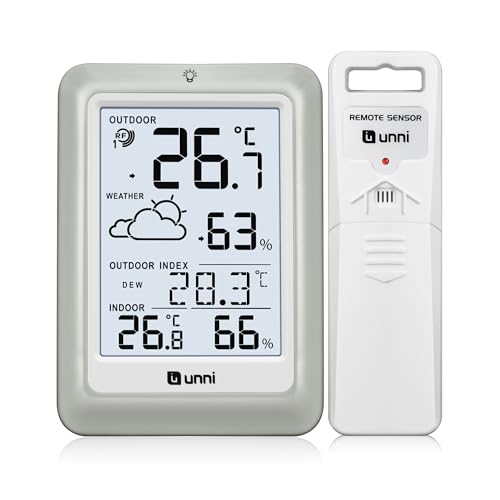 Funk Wetterstation mit Außensensor Batteriebetrieb, Wettervorhersage Funkwetterstation 100M/330FT, °C/°F & 2 Helligkeitsstufen Einstellung (Heat Mold Dew Index) Indoor Outdoor Thermometer Hygrometer von U UNNI