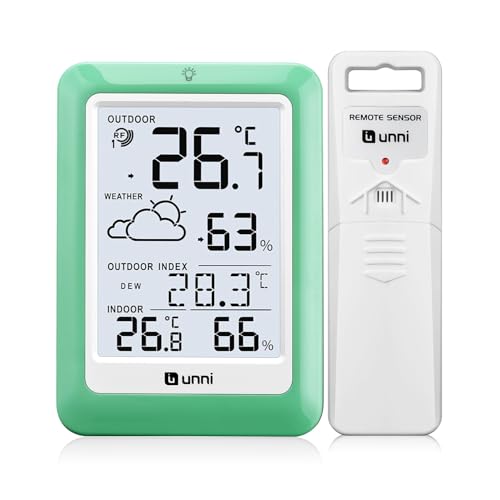 Funk Wetterstation mit Außensensor Batteriebetrieb, Wettervorhersage Funkwetterstation 100M/330FT, °C/°F & 2 Helligkeitsstufen Einstellung (Taupunkt- Schimmel- Hitze-Index) Grün von U UNNI