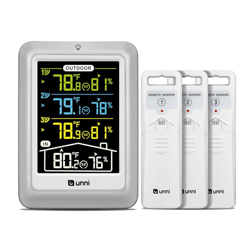 U UNNI Funk Wetterstation mit 3 Außensensoren, 4.5 Zoll Display Temperatur Feuchte Monitor mit 100M/ 330FT Reichweite Sensor und 3 Verstellbare Hintergrundbeleuchtung (Mehrfarbig) von U UNNI