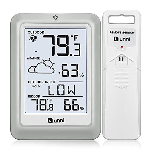 Wetterstationen Funk Thermometer für den Innen- und Außenbereich, Thermometer mit 100 m Reichweite, Fernsensor, Outdoor-Index und Hintergrundbeleuchtung von U UNNI