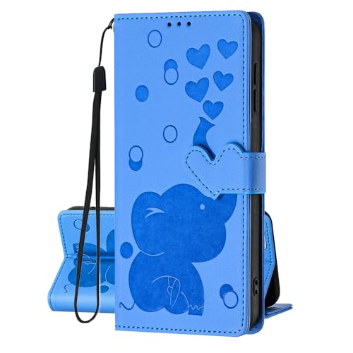 Hülle kompatibel mit iPhone 12 Pro Max PU Leder Klappbar Handyhülle Embossed Elefant Motiv 3D Herz Magnetverschluss Flip Cover Klapphülle mit Kartenfach Schutzhülle für iPhone 12 Pro Max Blau von U.DARELIKE