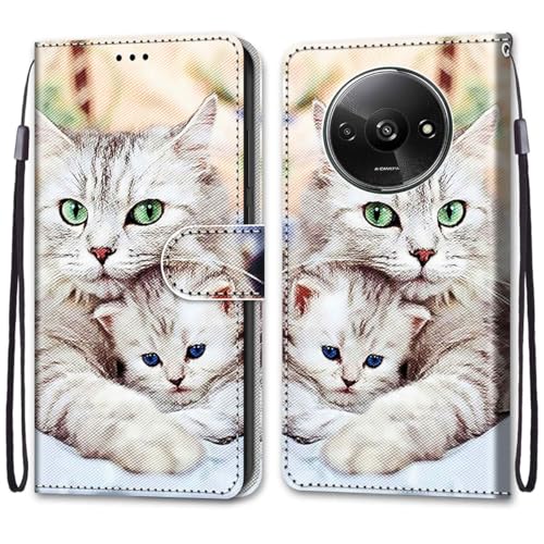 U.DARELIKE Handyhülle für Xiaomi Redmi A3 Klappbar Hülle PU Leder Tasche Flip Cover Klapphülle Stoßfeste Schutzhülle mit Kartenfach für Xiaomi Redmi A3 Katze Familie von U.DARELIKE