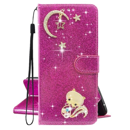 U.DARELIKE Hülle für iPhone 12 Pro Max Glitzer Handyhülle PU Leder Glänzend Flip Cover 3D Mond Stern Fuchs Design Bling Tasche Kredit Karten Schutzhülle für iPhone 12 Pro Max - Rote Rose von U.DARELIKE