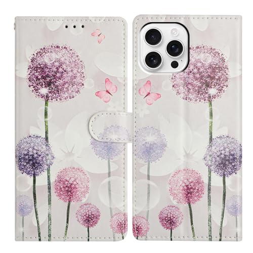 U.DARELIKE Hülle für iPhone 16 Pro PU Leder Klappbar Schutzhülle Tasche Handyhülle Flip Cover Löwenzahn Schmetterling Muster Klapphülle mit Kartenfach Standfunktion für iPhone 16 Pro von U.DARELIKE