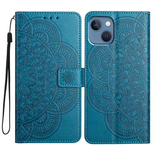 U.DARELIKE Hülle kompatibel mit iPhone 15 PU Leder Klappbar Handyhülle Mandala Motiv Flip Cover Klapphülle mit Kartenfach Standfunction Schutzhülle für iPhone 15 Blau von U.DARELIKE