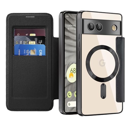 U.DARELIKE Magnetisch Hülle kompatibel mit Google Pixel 7A für Magsafe Klapphülle Clear Back Silikon Metallisch Überzug PU Leder Kartenhalter Flip Handyhülle Stoßfest Schutzhülle Schwarz von U.DARELIKE
