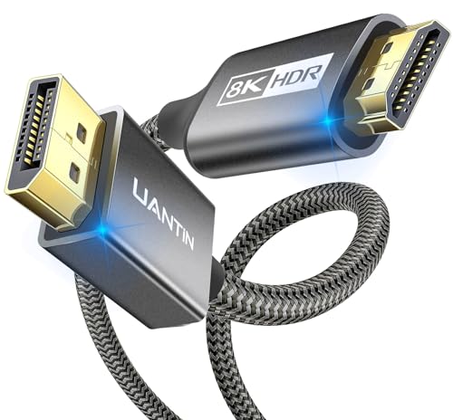 UANTIN DisplayPort 1.4 auf HDMI 2.1 Kabel 1.8 m,8K @ 60 Hz, 4K @ 144 Hz, 2K @ 165 Hz DP auf HDMI, unidirektionales geflochtenes Kabel, AMD, NVIDIA von UANTIN