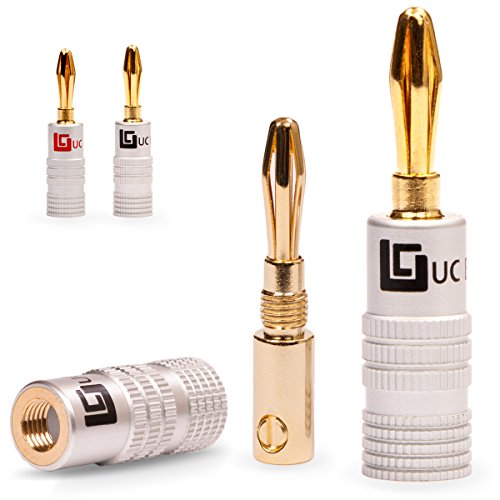 UC-Express 24K vergoldet High End Bananenstecker 4 Stück (2-Paare) Banana-Stecker Steckverbinder für Kabel bis 6mm² löt- oder schraubbar kein Plastik in schwarz und rot 8 AWG - 16 AWG von UC-Express