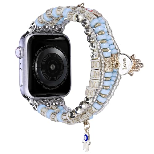 UCK-KIT Frauen Perlen Armband Kompatibel Für Apple Watch Band 38mm 40mm 41mm iWatch Serie SE/8/7/6/5/4/3/2/1, Elastische Dehnbare Ersatz Uhrenarmband,Blau,38/40/41mm von UCK-KIT