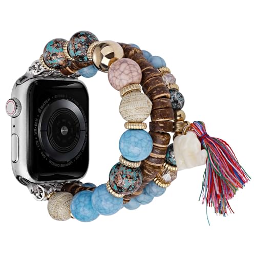 UCK-KIT Perlen Armband Kompatibel Mit for Apple Watch Straps 38MM-49MM, Frauen Mädchen Elastische Ersatz Stretch Strap Für SE/8/7/6/5/ /4/3/2/1 Serie,Blau,42/44/45/49MM von UCK-KIT