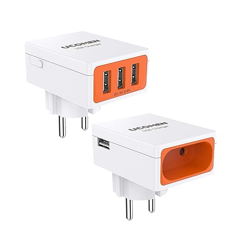 UCOMEN USB Ladegerät 3.4A USB Ladeadapter 3 Ports, Steckdose mit USB 2.1A 2 Ports und Fach Socket - 2Pack von UCOMEN