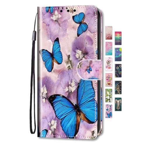 UCool für Apple 6 7 8 SE 2020 2022 Hülle PU Leder Flip Klappbar Lederhülle Schutzhülle 3D Bunte Muster Wallet Cover Case Handyhülle [Kartenfach] Tasche Etui Handytasche Lila Schmetterling Blume von UCool