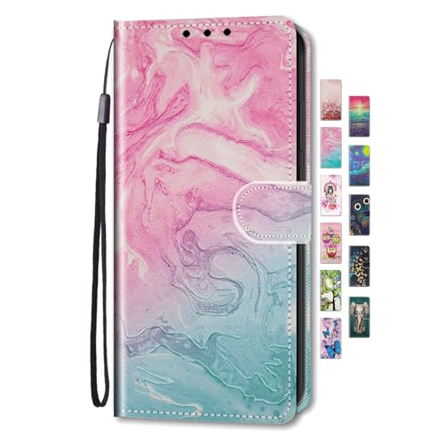 UCool für Apple 6 7 8 SE 2020 2022 Hülle PU Leder Flip Klappbar Lederhülle Schutzhülle 3D Bunte Muster Wallet Cover Case Handyhülle [Kartenfach] Tasche Etui Handytasche Rosa Grün Marmor von UCool