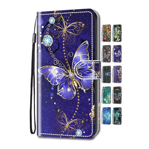 UCool für Apple iPhone 13 14 6.1 Hülle PU Leder Flip Klappbar Lederhülle Schutzhülle 3D Groß Blau Schmetterling Bunt Muster Wallet Cover Flip Case Handyhülle mit Kartenfach Tasche Etui von UCool